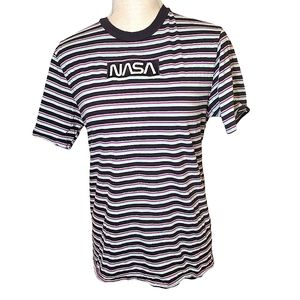 HYPER SPACE | Women's teal & black striped NASA embroidered t-shirt. Size small.